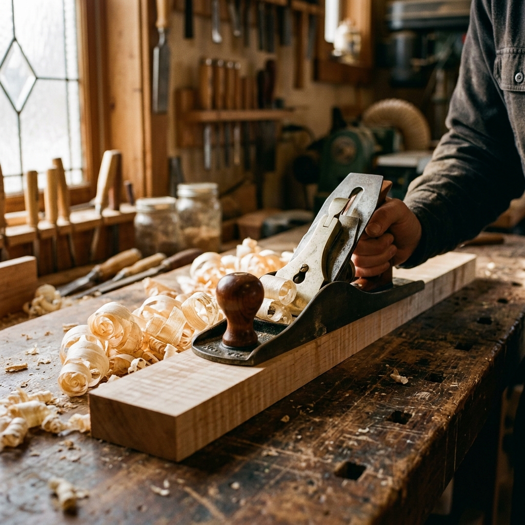 Woodworking plane curling fresh shavings